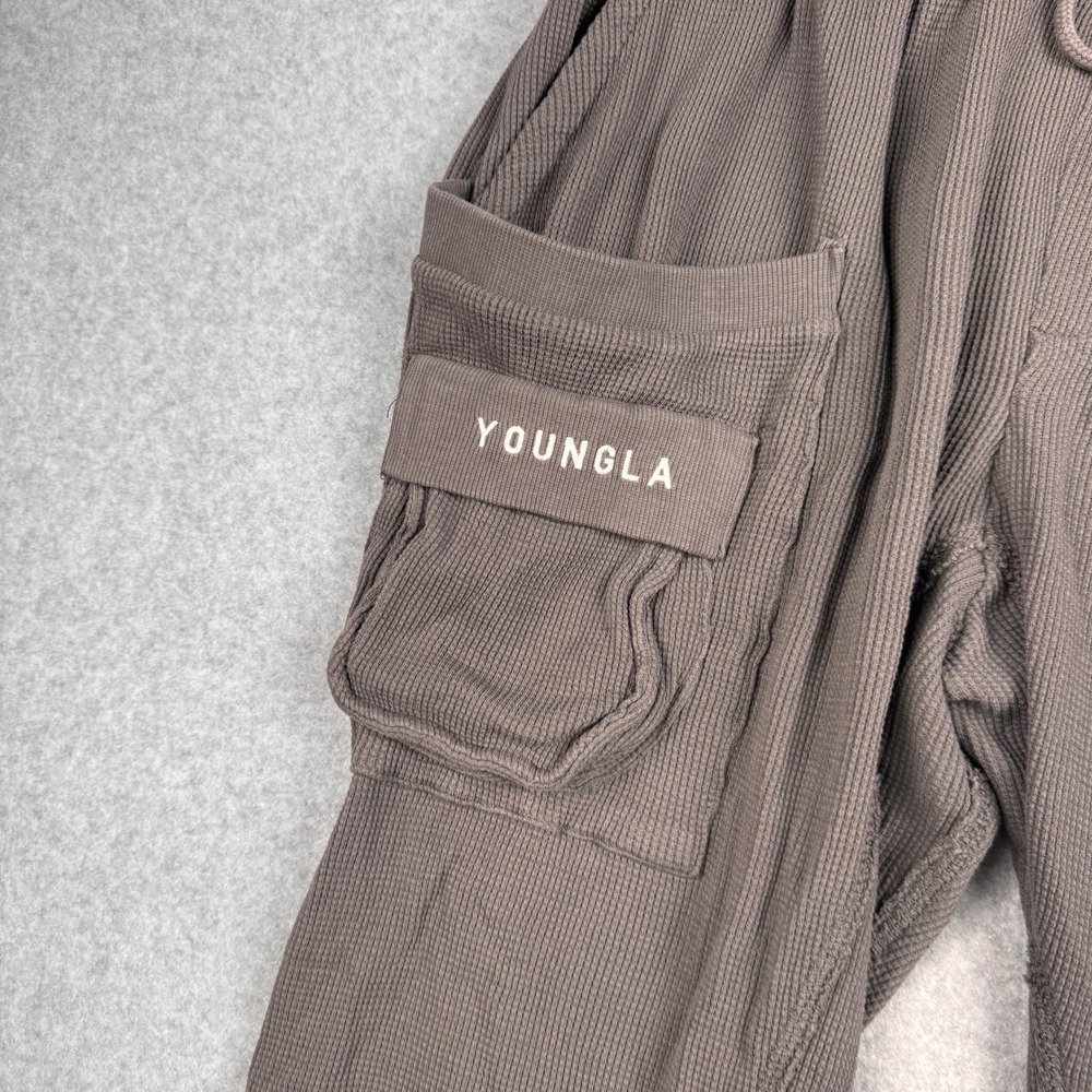 YoungLA Joggers Mens Large Brown Gray Cargo Waffle Knit Thermal 217 Lounge Pants - Picture 5 of 10